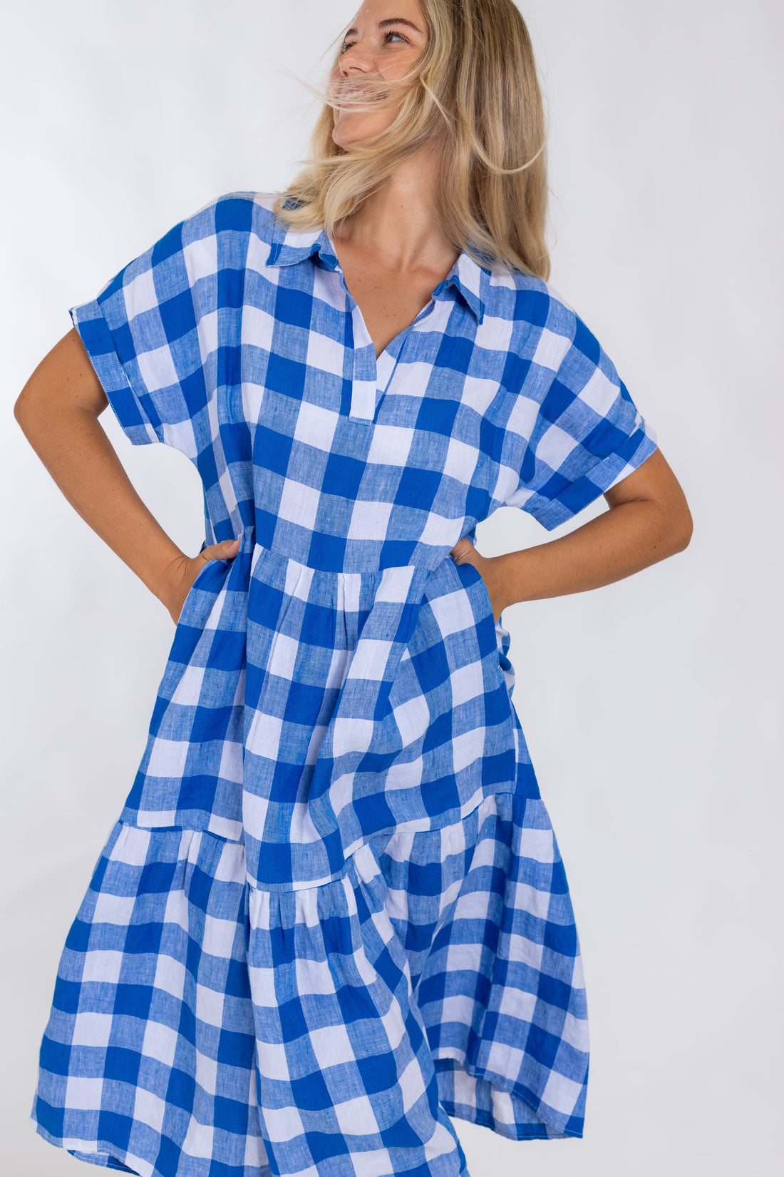 Blue Gingham Tiered Dress