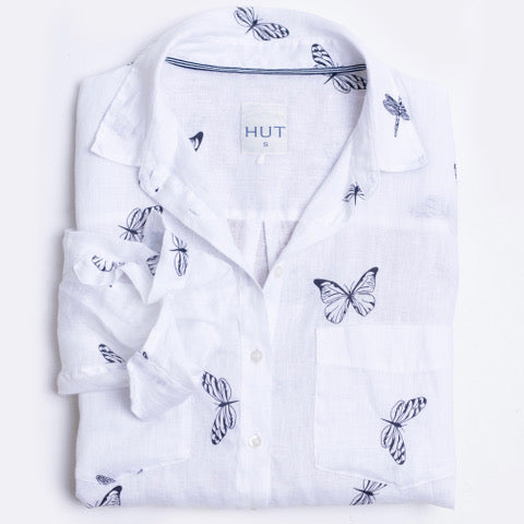 Navy Butterfly Print Boyfriend Linen Shirt