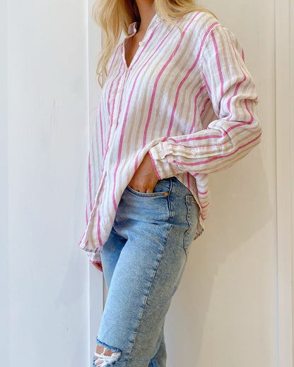 Taupe and Pink Stripe Boyfriend Linen Shirt