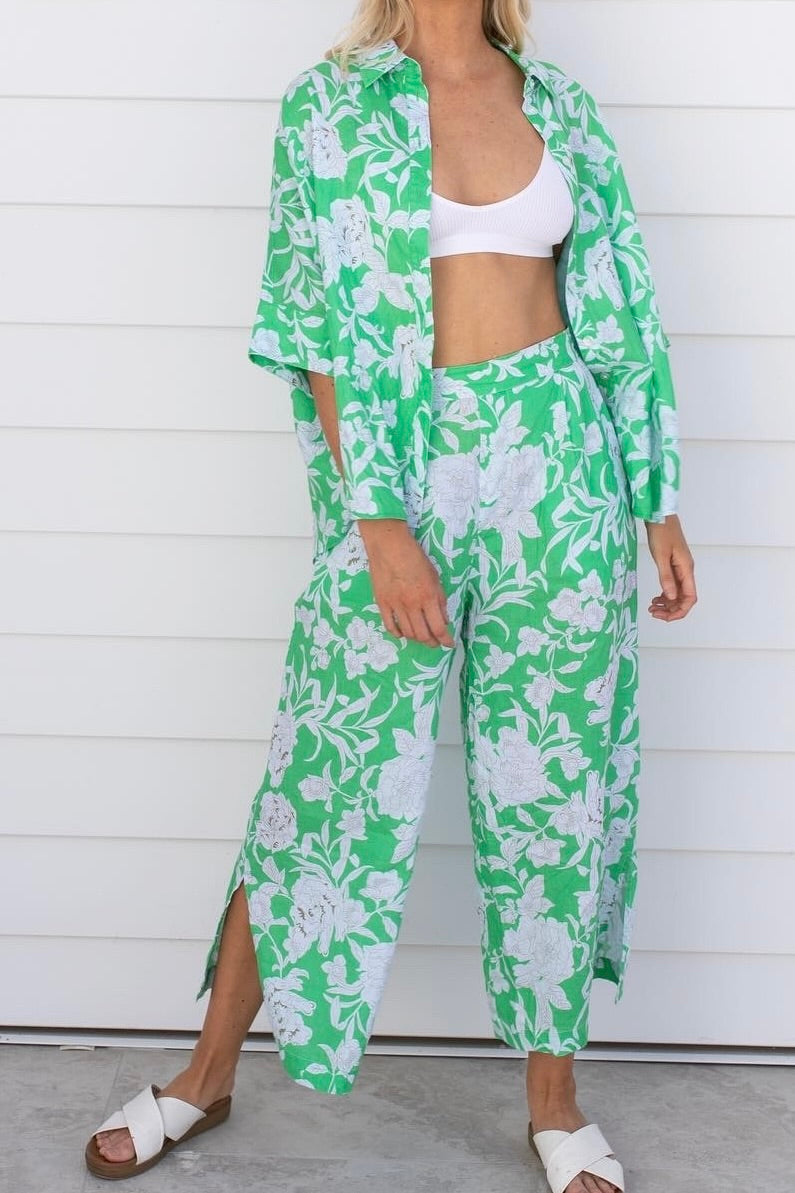 Green Floral Print Boxy Linen Shirt