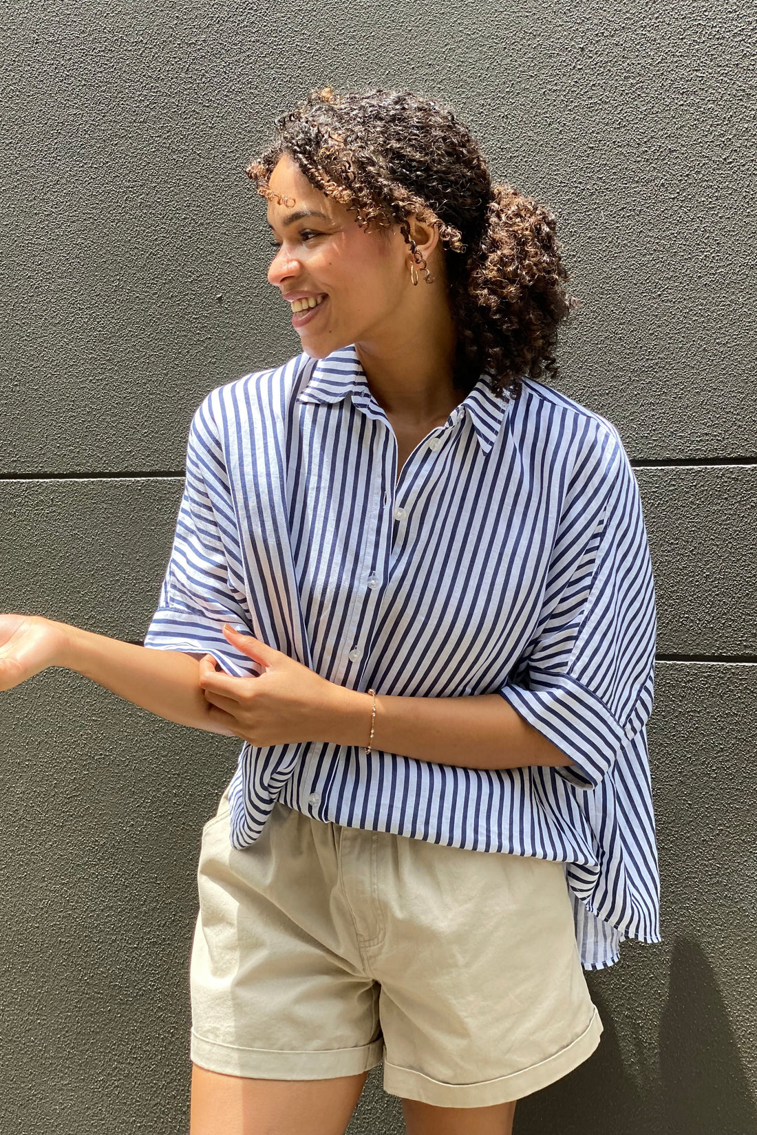 Navy White Stripe Boxy Linen Shirt