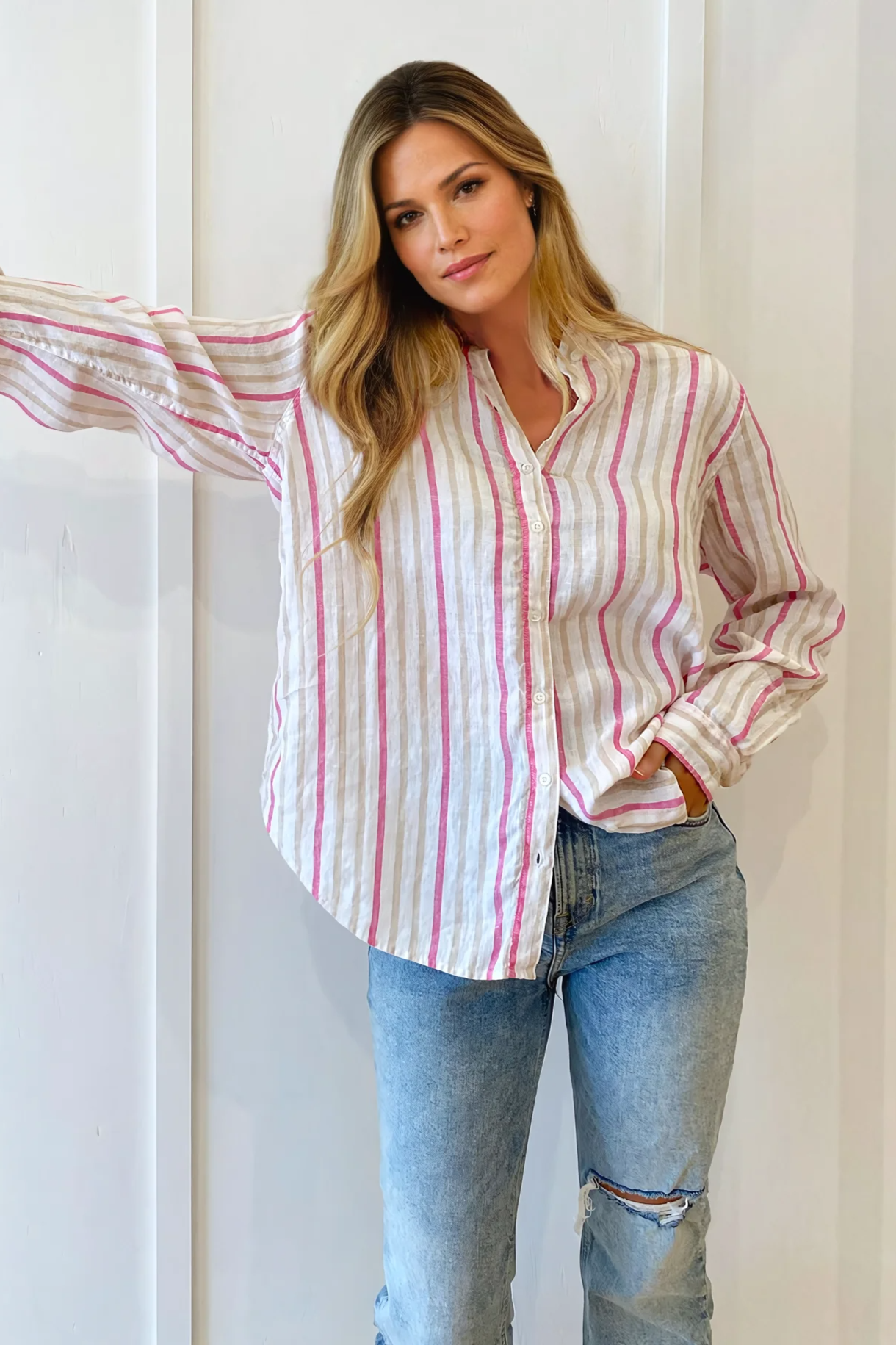 Taupe and Pink Stripe Boyfriend Linen Shirt