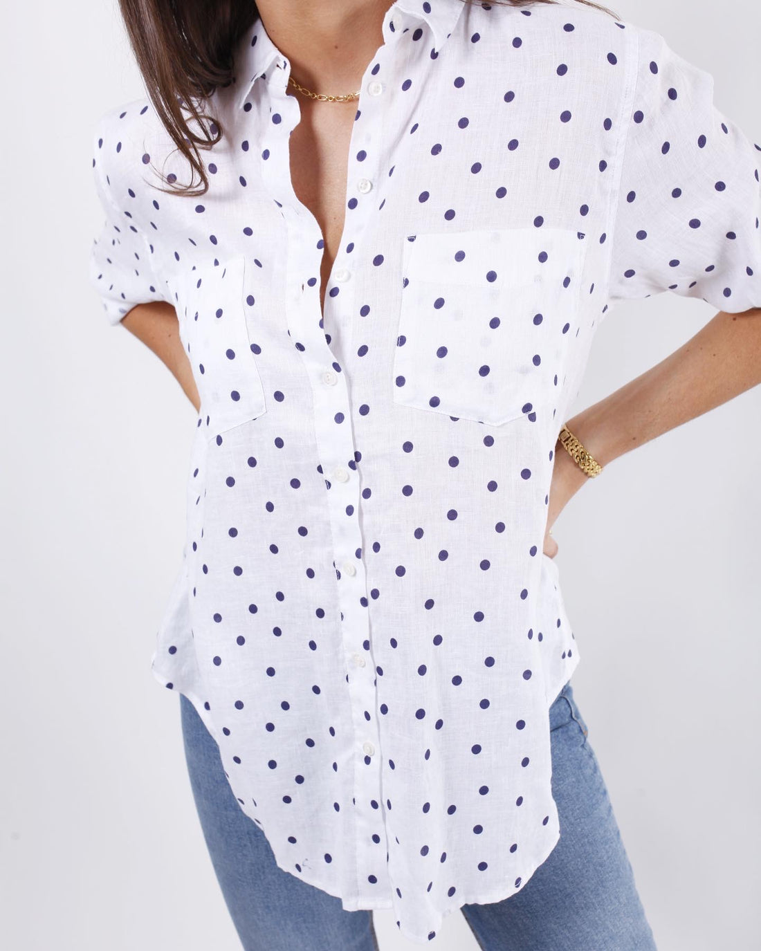 White with Navy Spot Boyfriend Linen Shirt