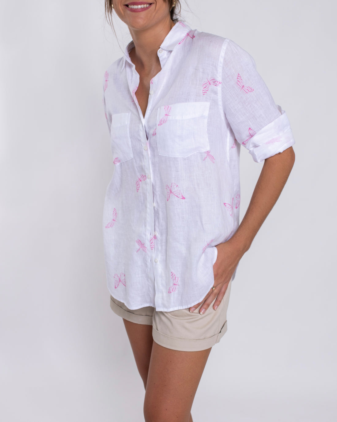 Pink Butterfly Print Boyfriend Linen Shirt