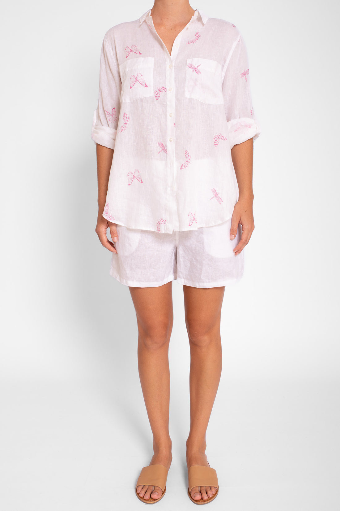 Pink Butterfly Print Boyfriend Linen Shirt