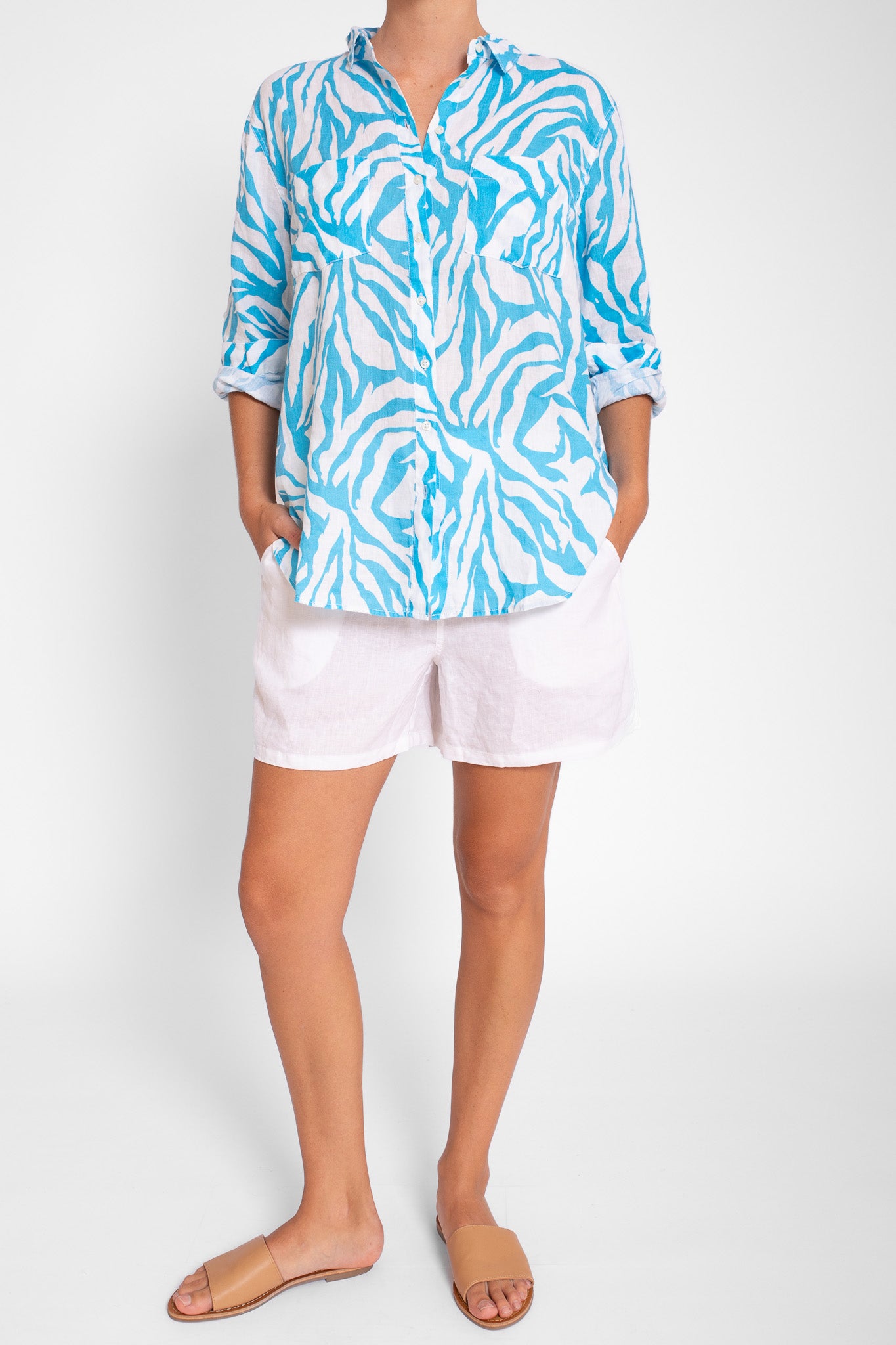 Blue and White Zebra Boyfriend Linen Shirt