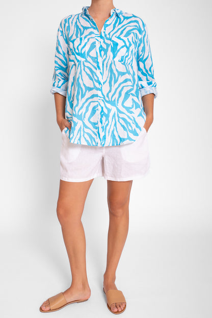 Blue and White Zebra Boyfriend Linen Shirt