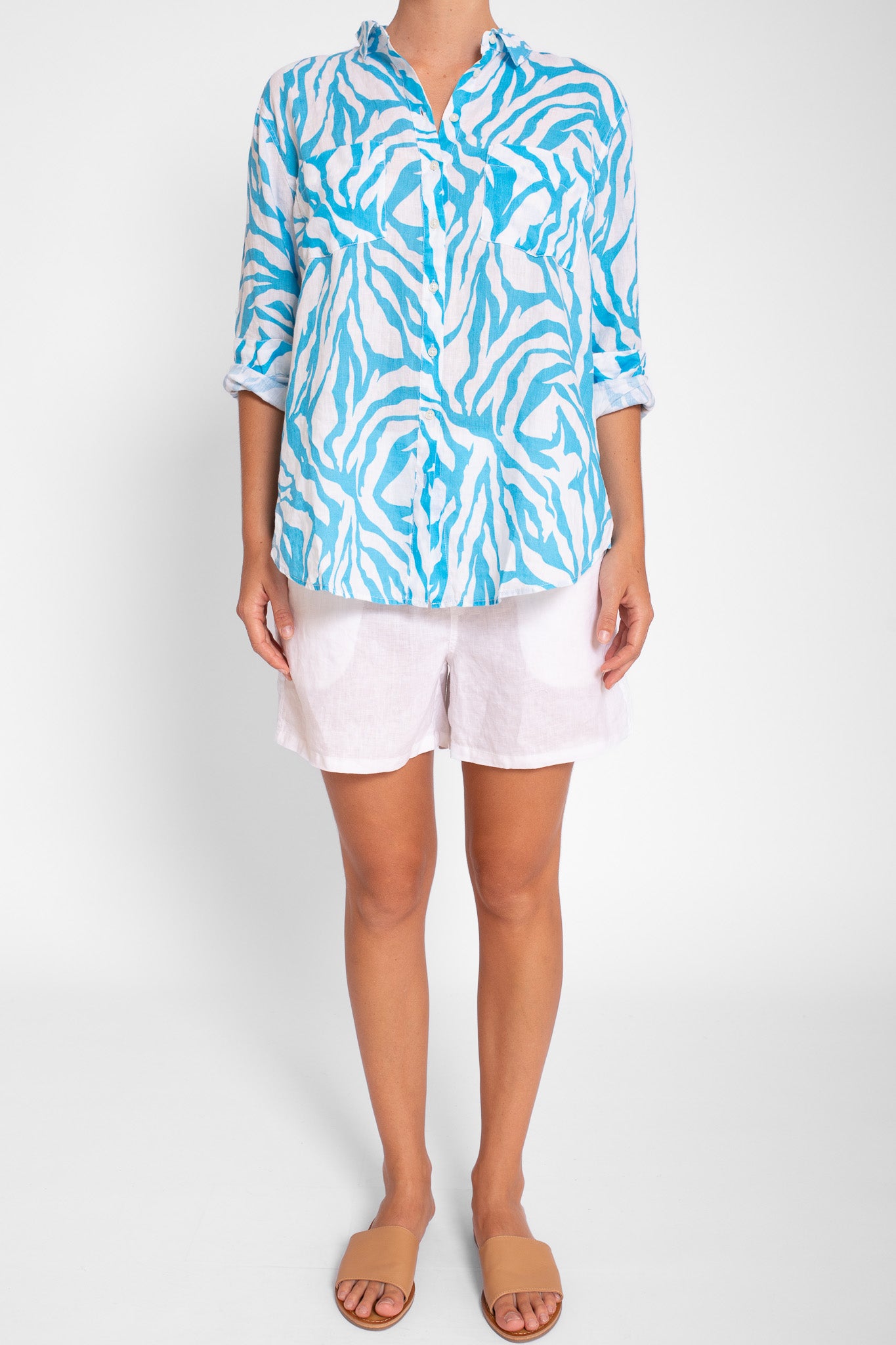 Blue and White Zebra Boyfriend Linen Shirt