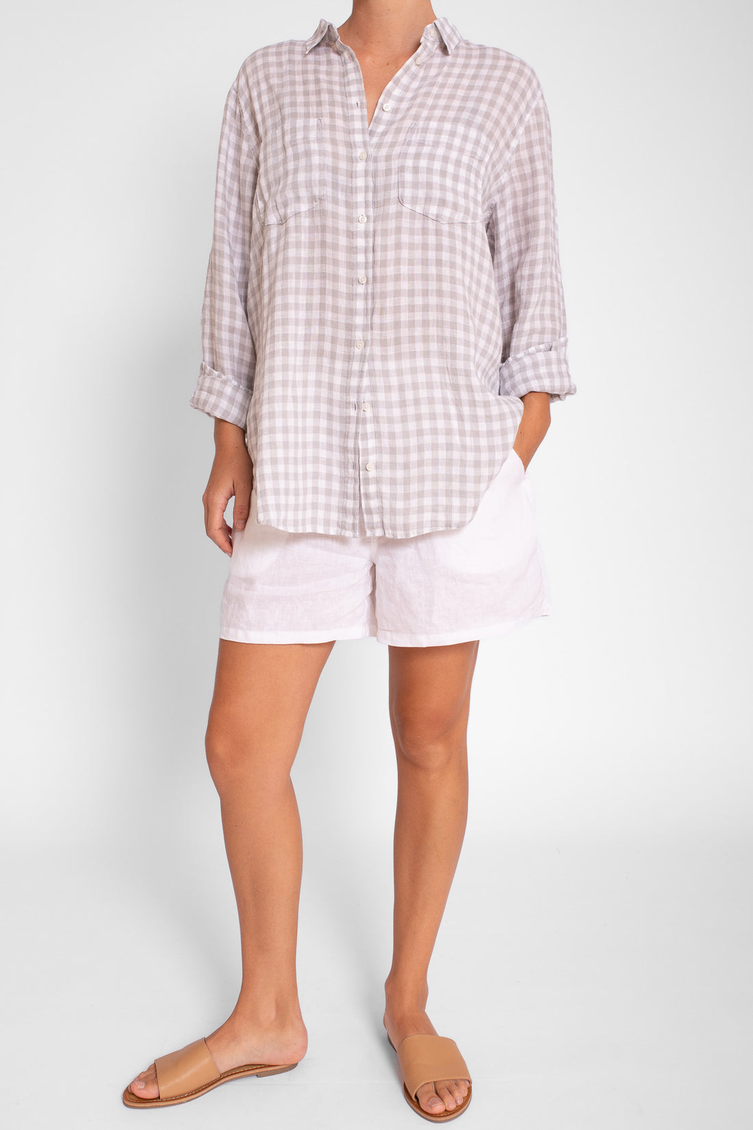 Silver Chambray Gingham Boyfriend Linen Shirt