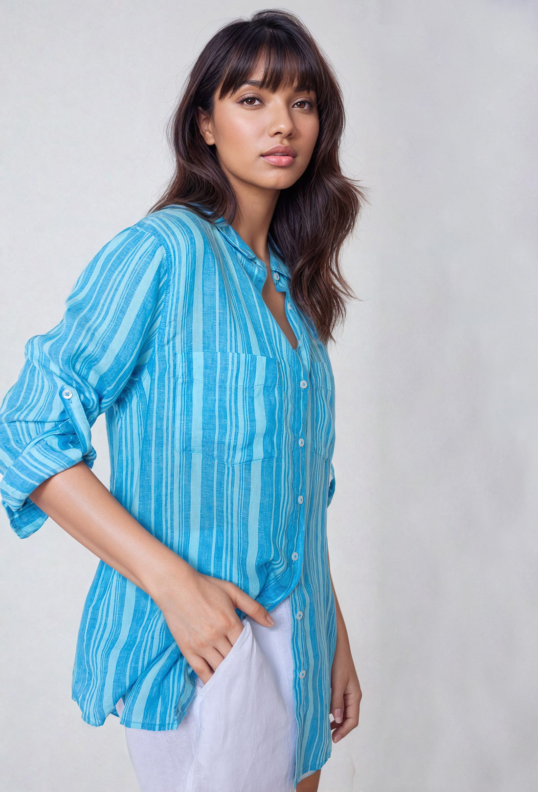 Blues Variegated Stripe Boyfriend Linen Shirt