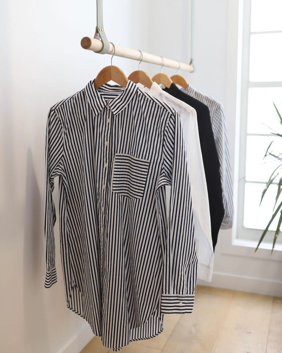 White with Navy Stripe Longline Cotton Poplin Shirt