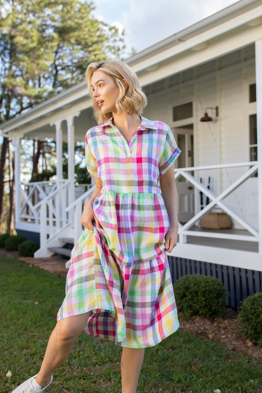 Rainbow Gingham Tiered Midi Dress