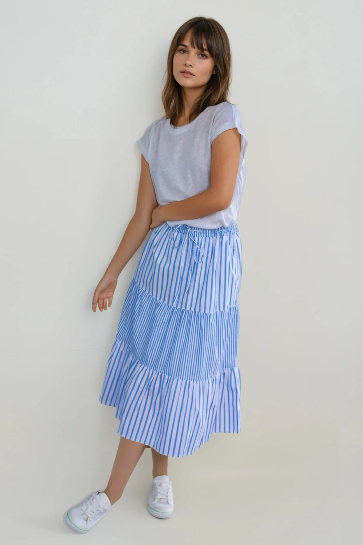 Pale Blue Mixed Stripes Tiered Skirt