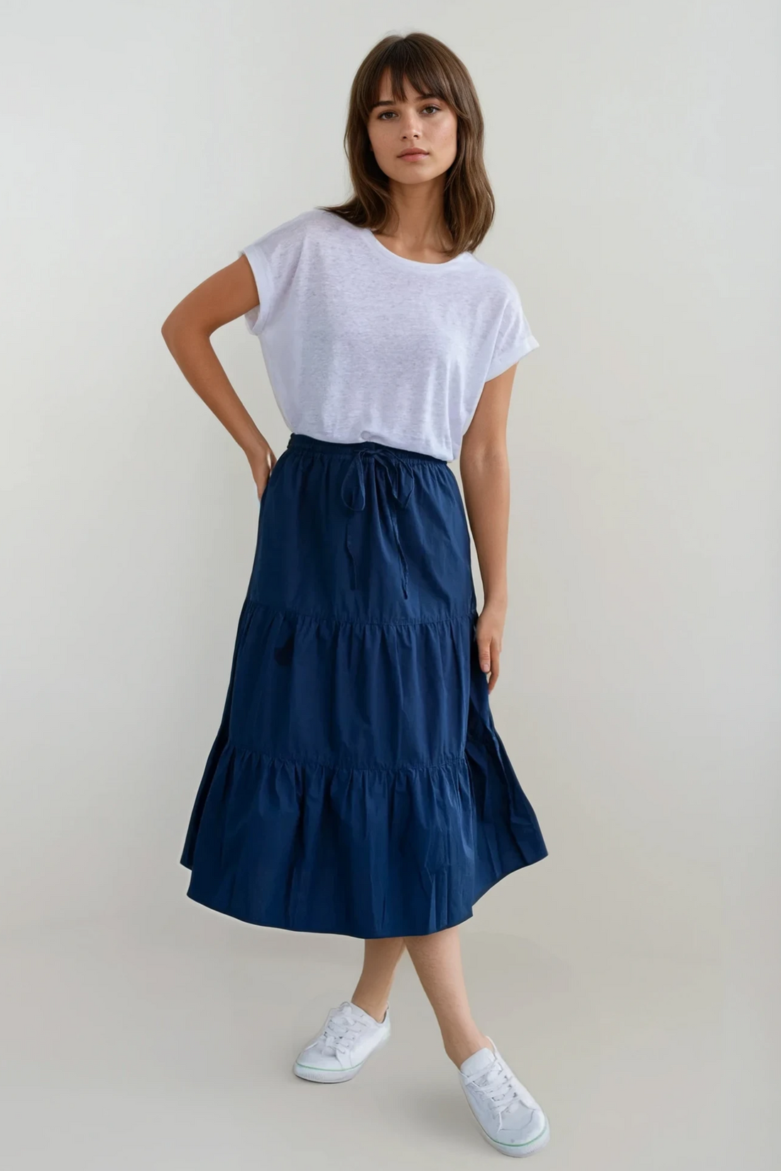 Navy Tiered Cotton Skirt