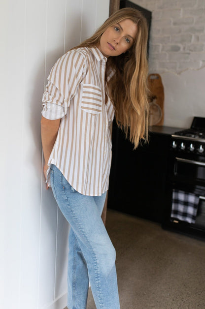 Taupe Stripe Cotton Poplin Shirt