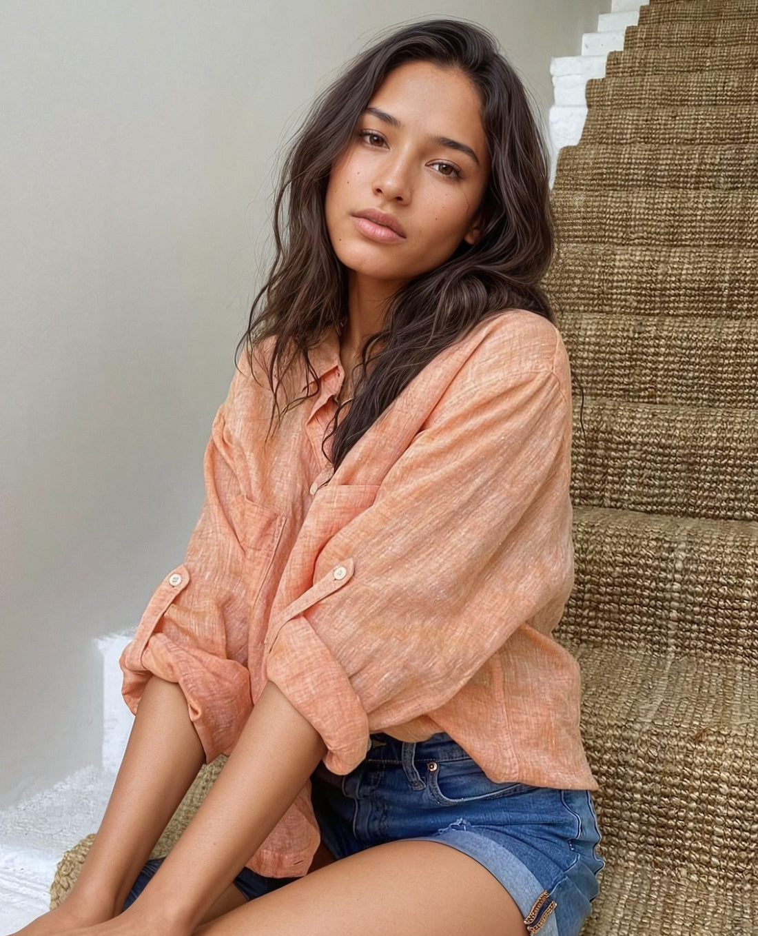 Orange Chambray Boyfriend Linen Shirt