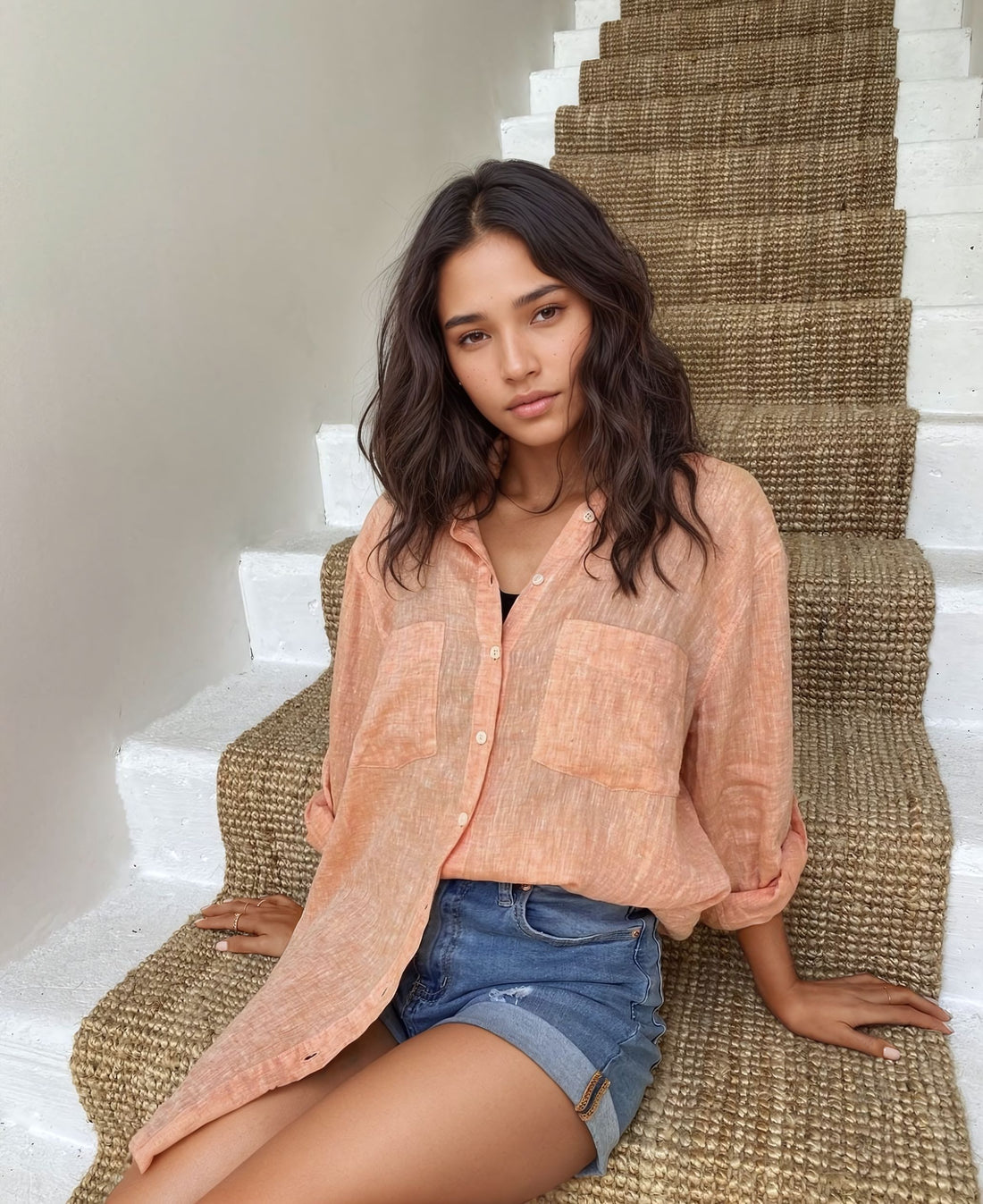 Orange Chambray Boyfriend Linen Shirt