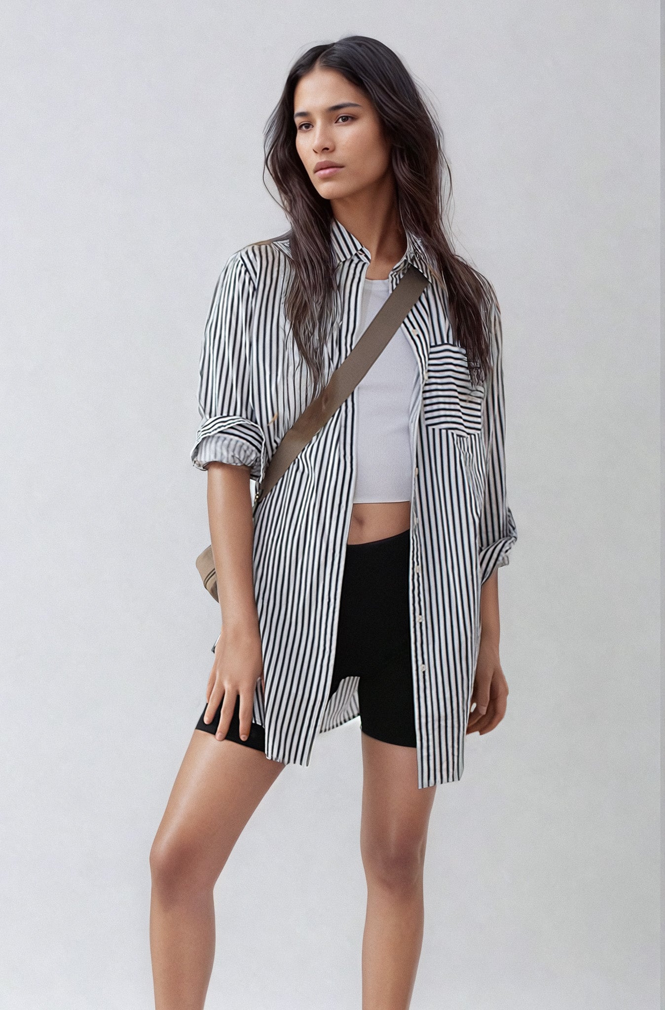 White with Navy Stripe Longline Cotton Poplin Shirt