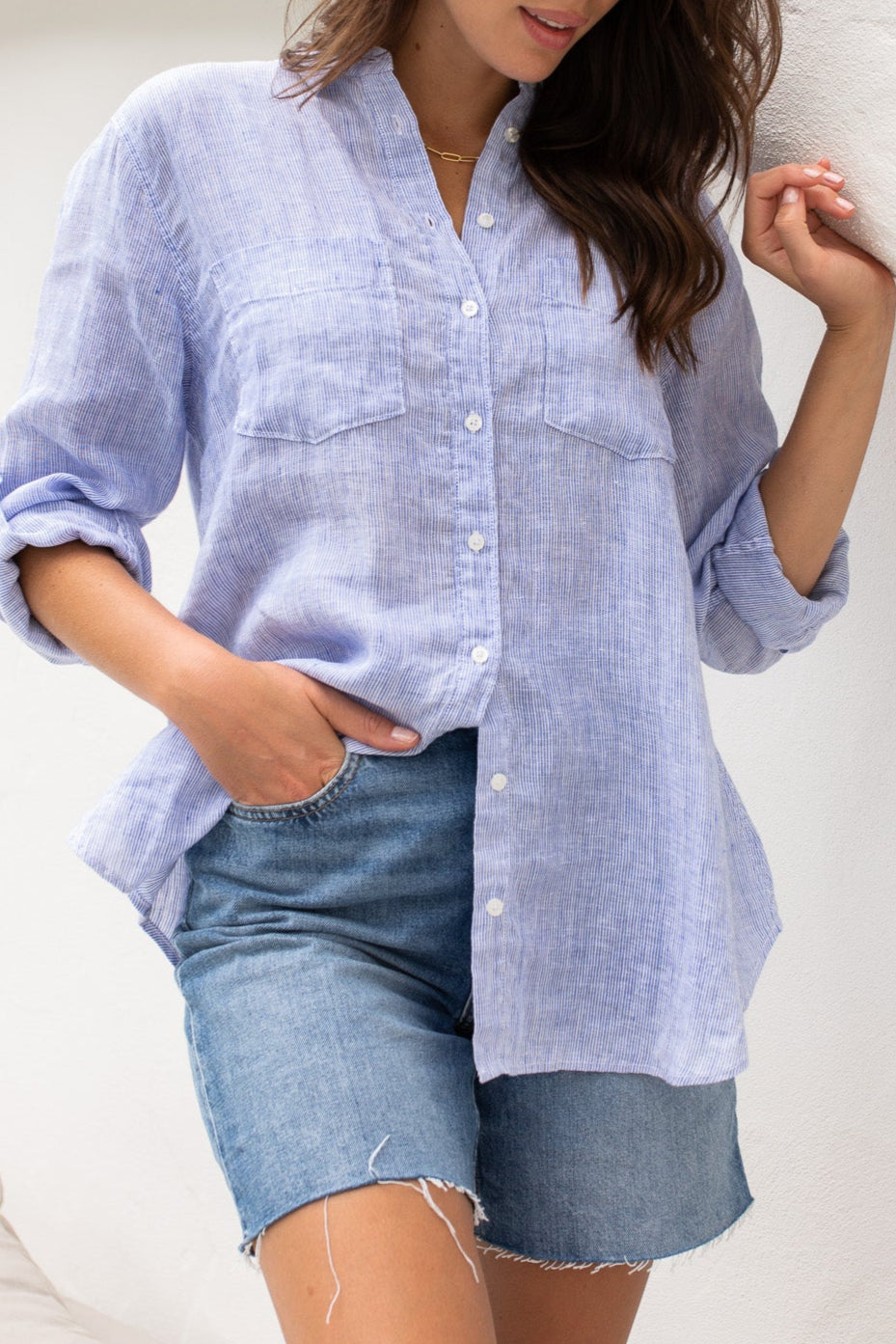 Pale Blue Nano Stripe Boyfriend Linen Shirt