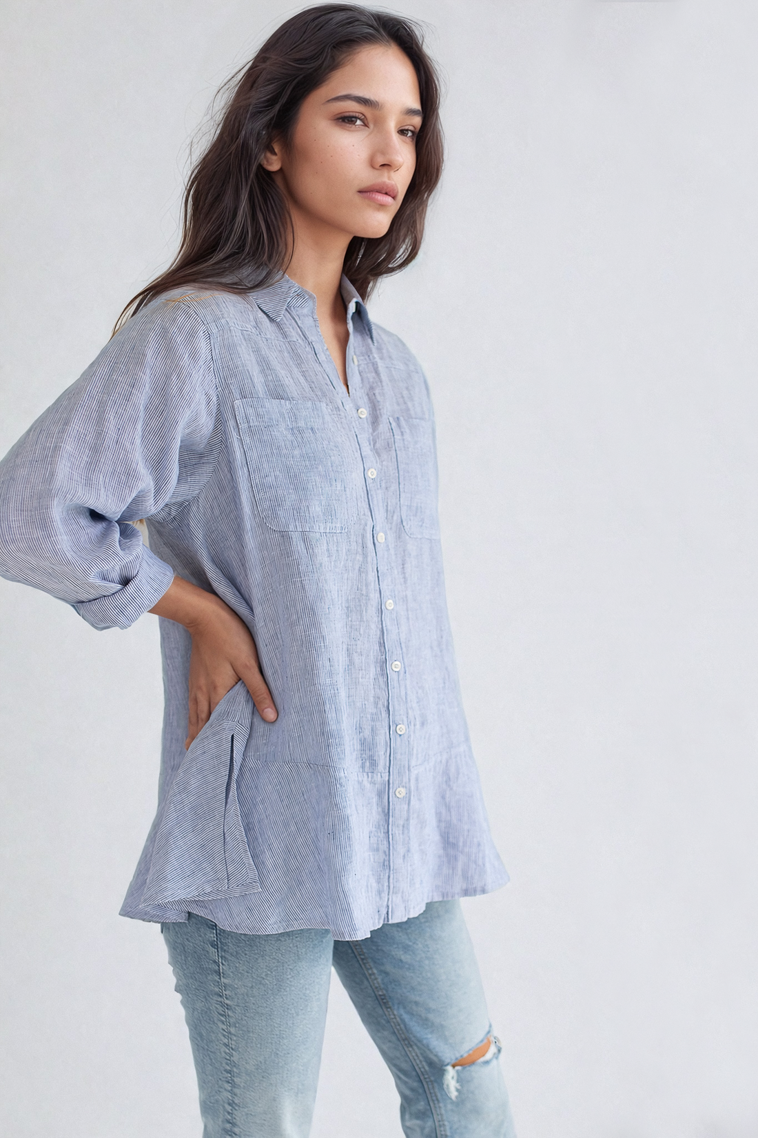 Blue Micro Stripe Peplum Linen Shirt