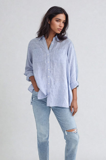Blue Micro Stripe Peplum Linen Shirt