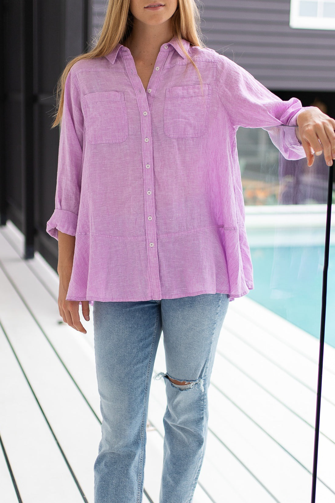 Lilac Chambray Peplum Linen Shirt