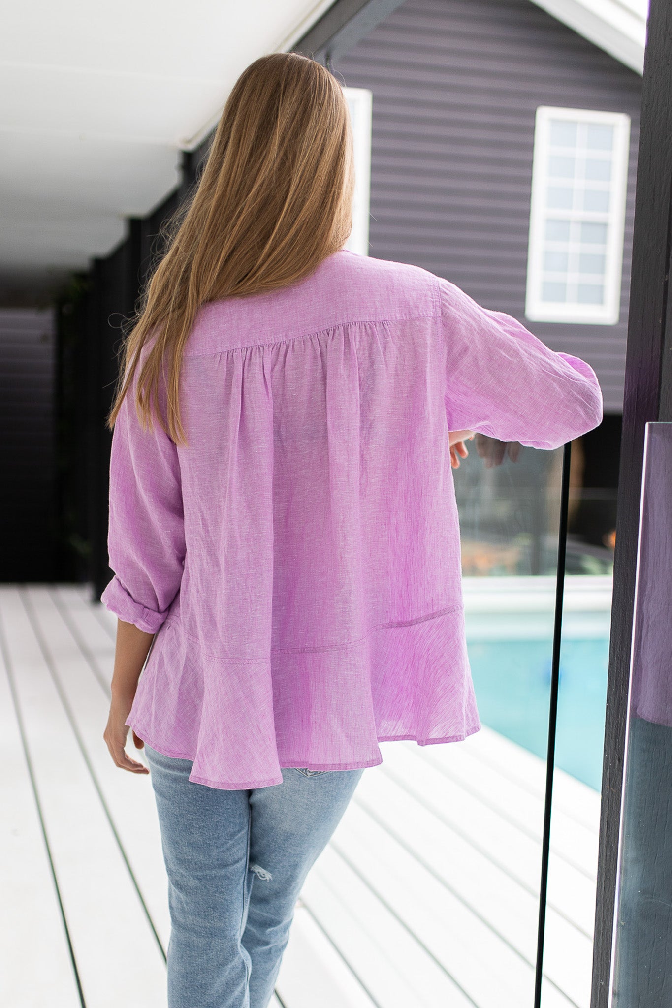 Lilac Chambray Peplum Linen Shirt