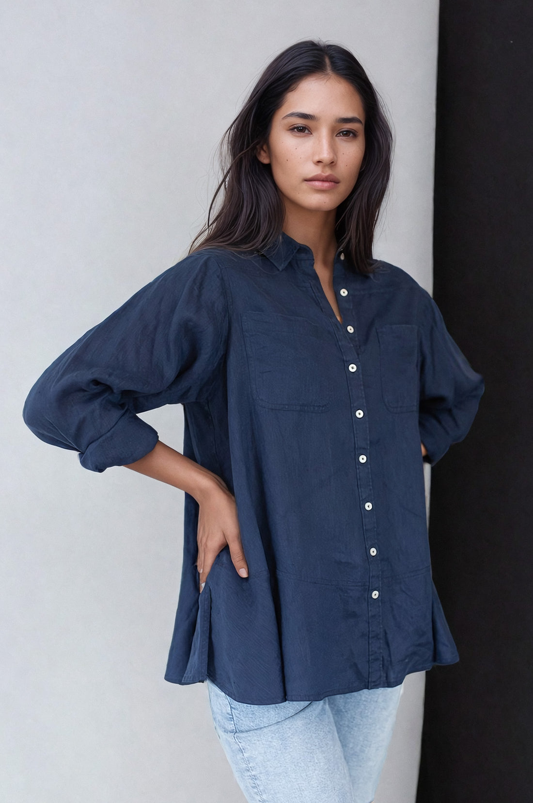 Navy Linen Peplum Shirt