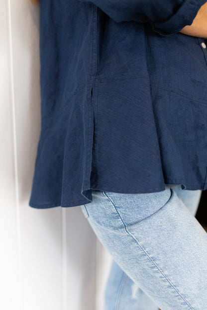 Navy Linen Peplum Shirt