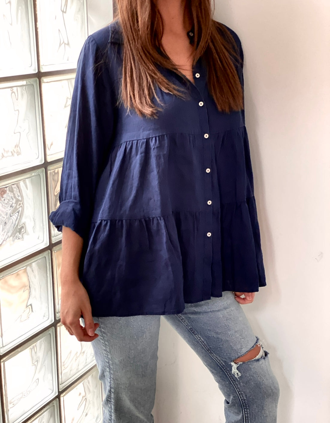 Navy Tiered Linen Shirt