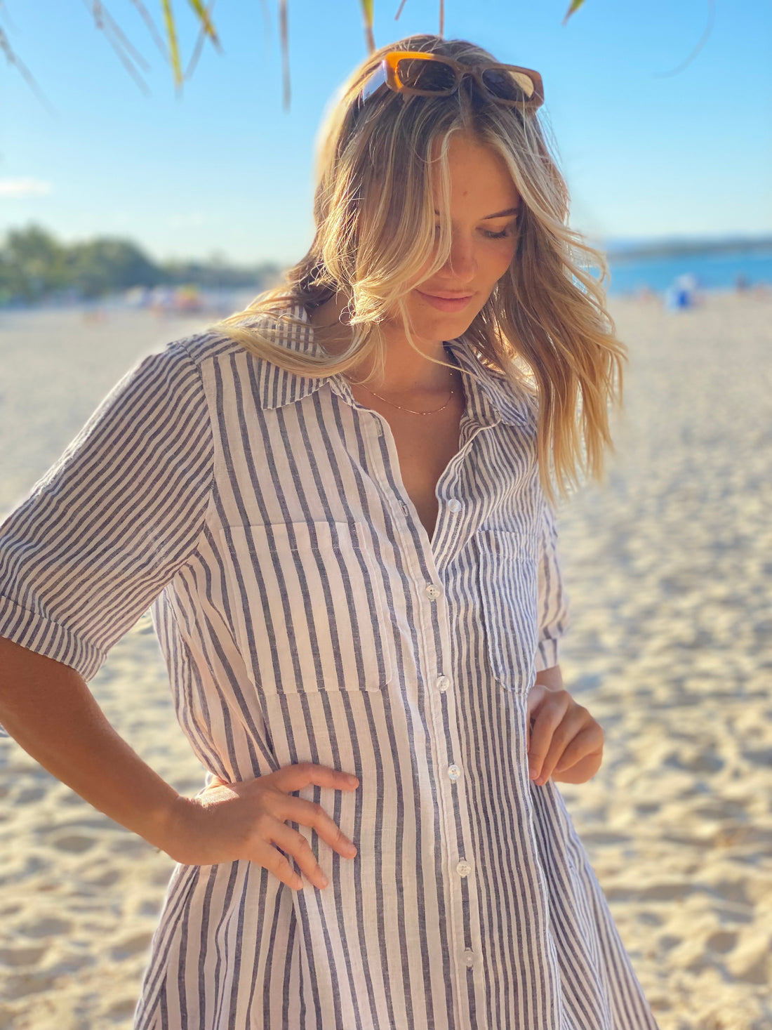 Mixed Blue Ocean Stripe Shirtdress