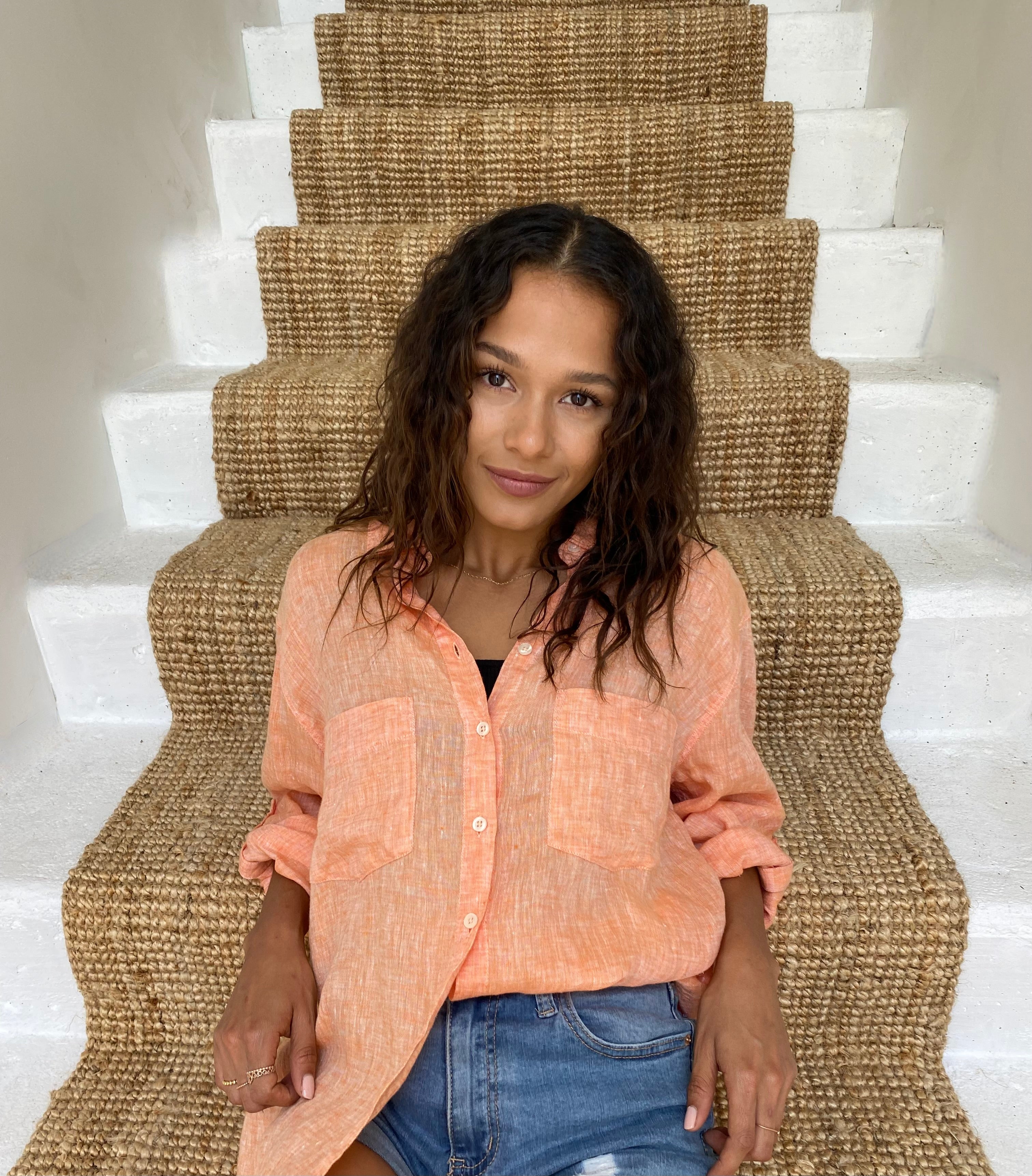 Orange Chambray Boyfriend Linen Shirt