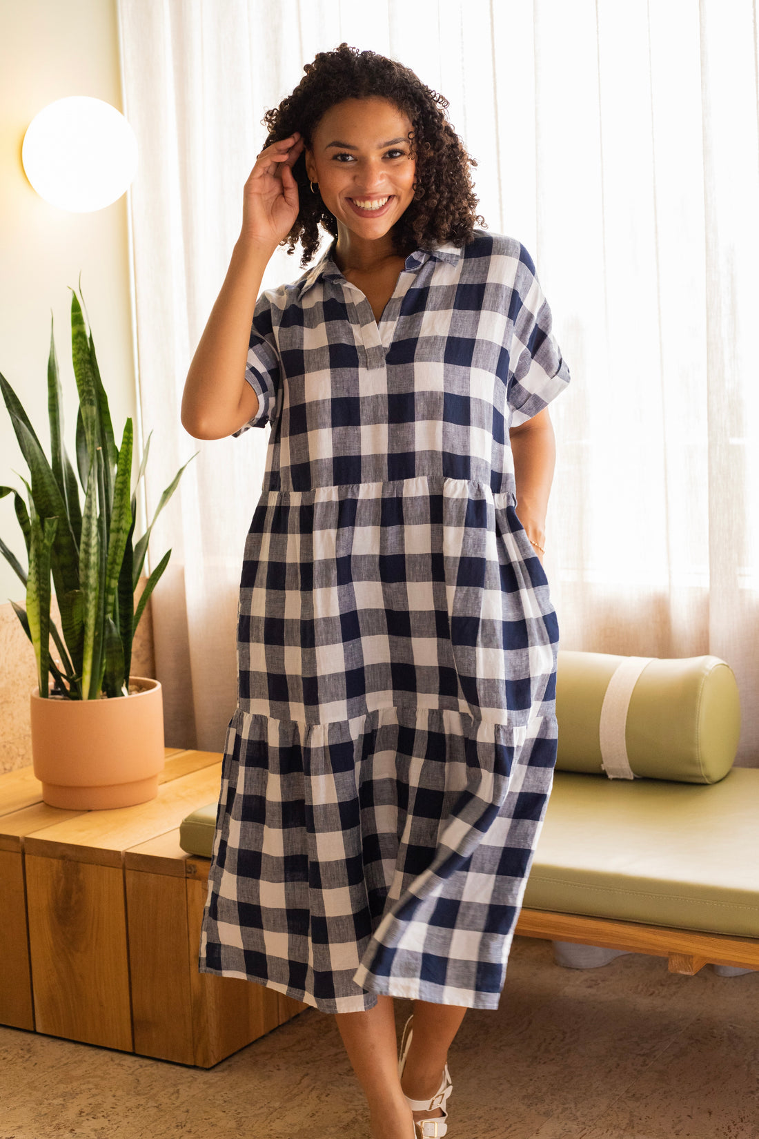 Navy Gingham Tiered Dress