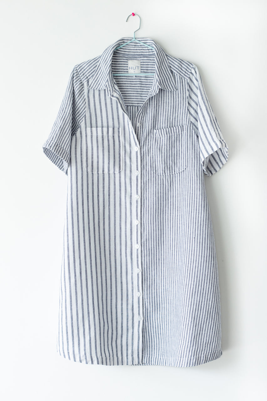 Mixed Blue Ocean Stripe Shirtdress