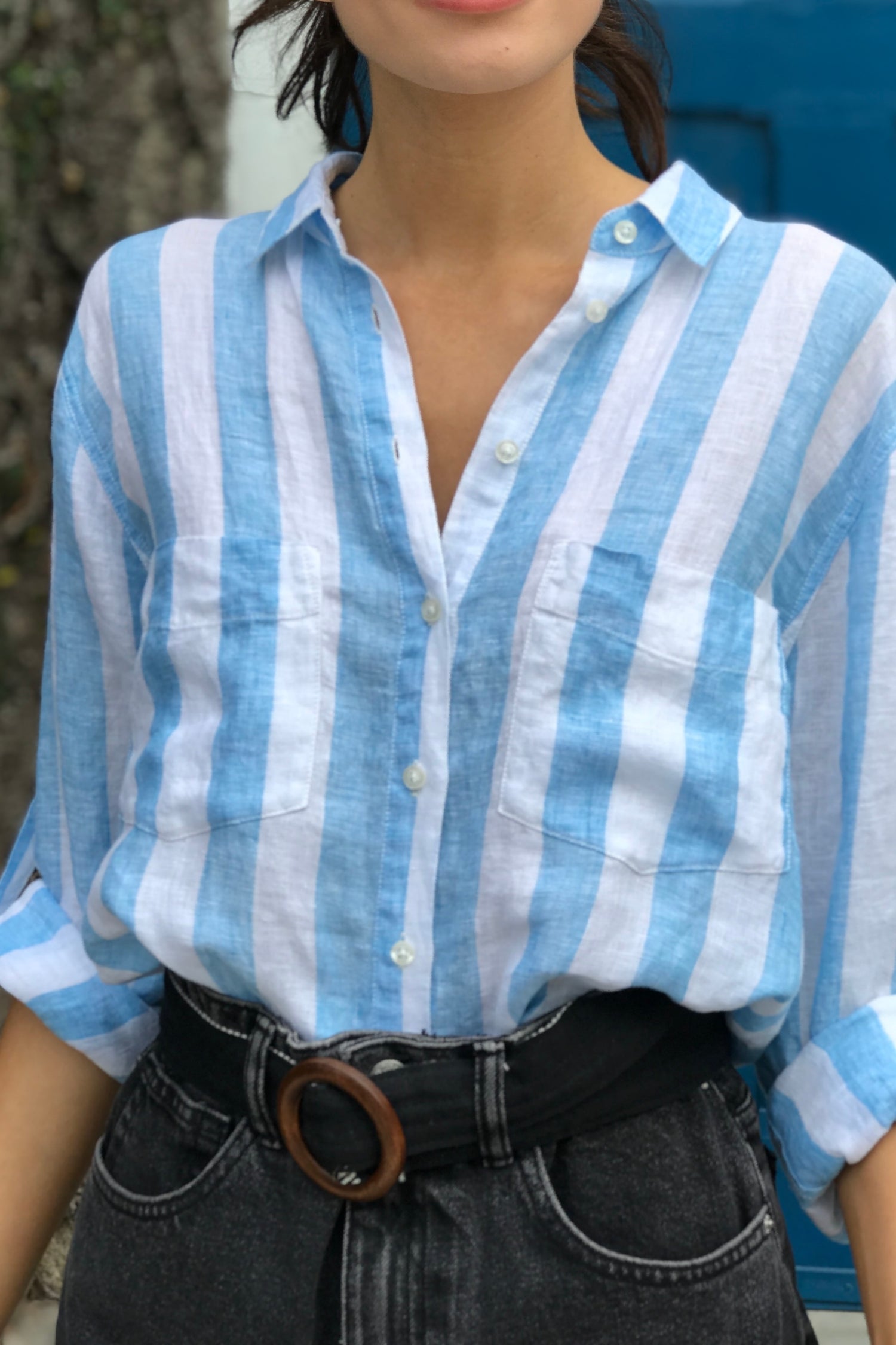 Blue And White Striped Boyfriend Linen Shirt