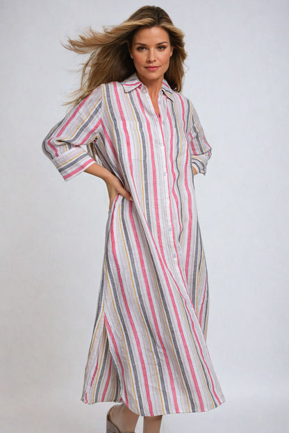 Kelly Linen Dress Earthy Stripe