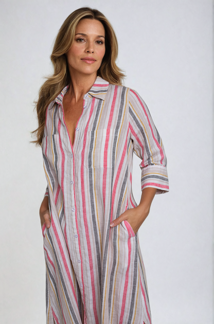 Kelly Linen Dress Earthy Stripe