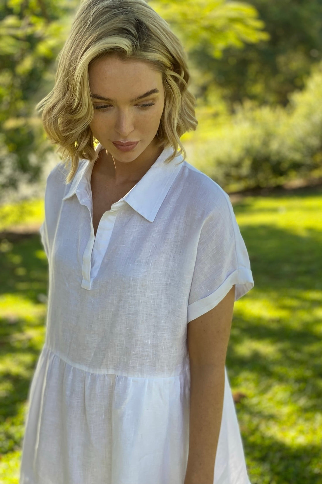 White Tiered Midi Dress with Collar