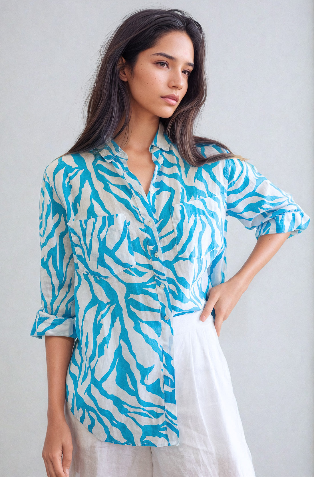 Blue and White Zebra Boyfriend Linen Shirt