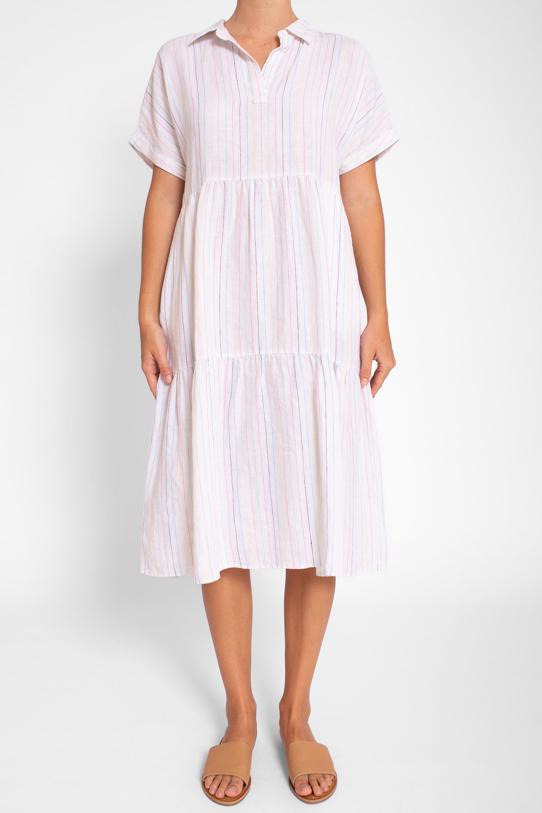 Rainbow Pinstripe Linen Midi Dress with Collar