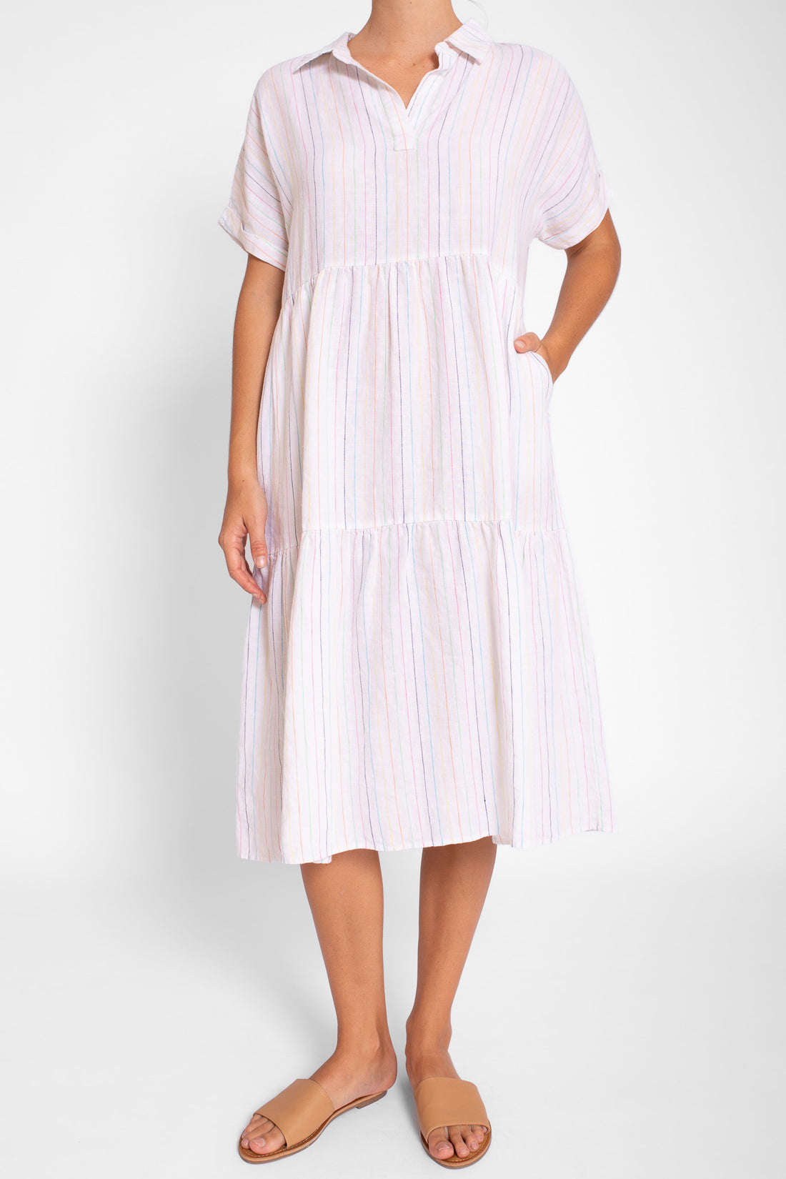 Rainbow Pinstripe Linen Midi Dress with Collar