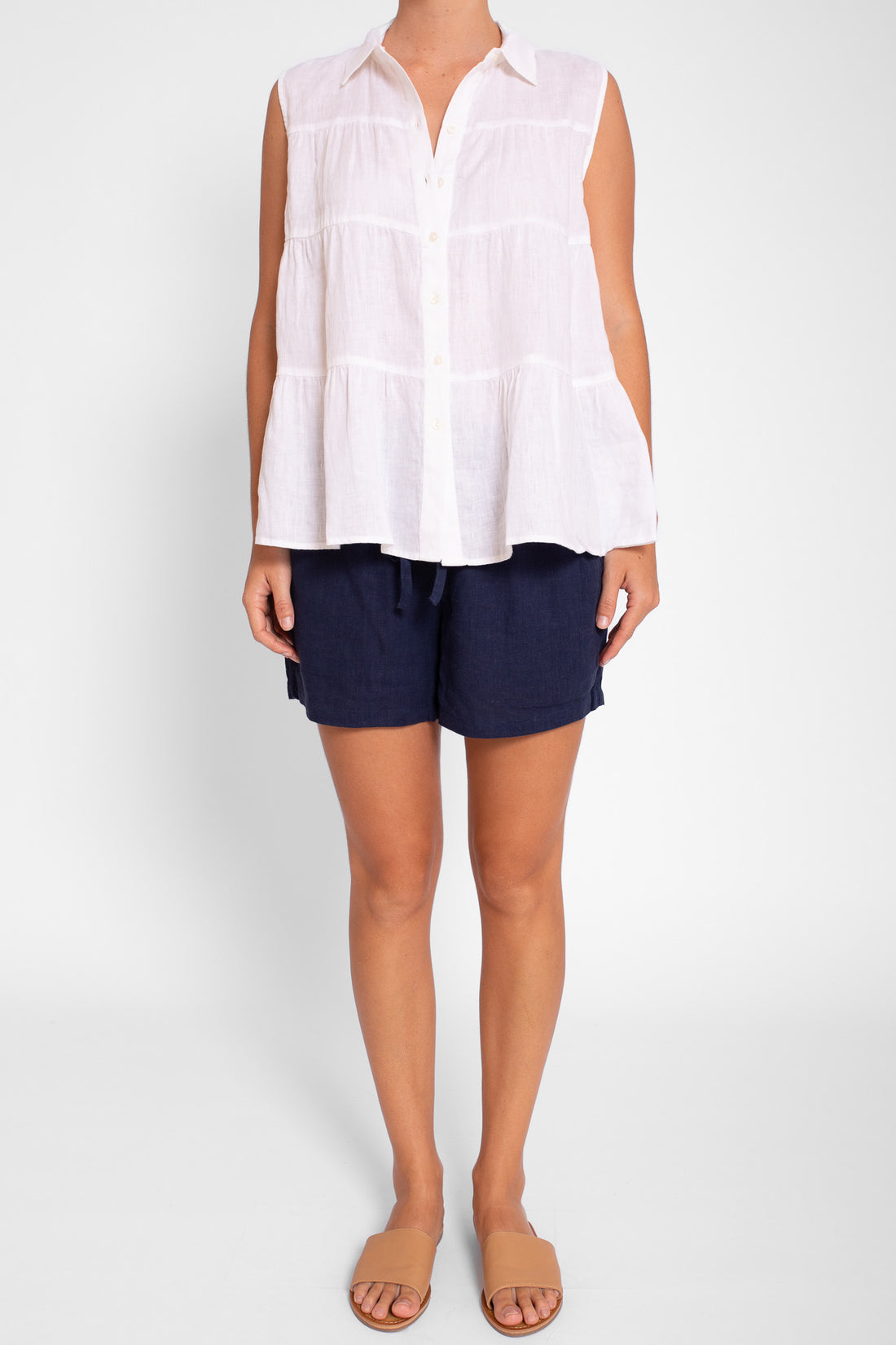 White Sleeveless Tiered Linen Shirt