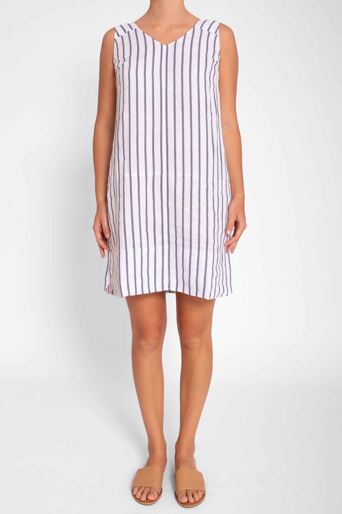 White with Navy Stitch Stripe Shift Dress