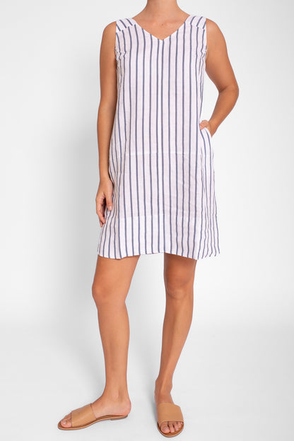 White with Navy Stitch Stripe Shift Dress