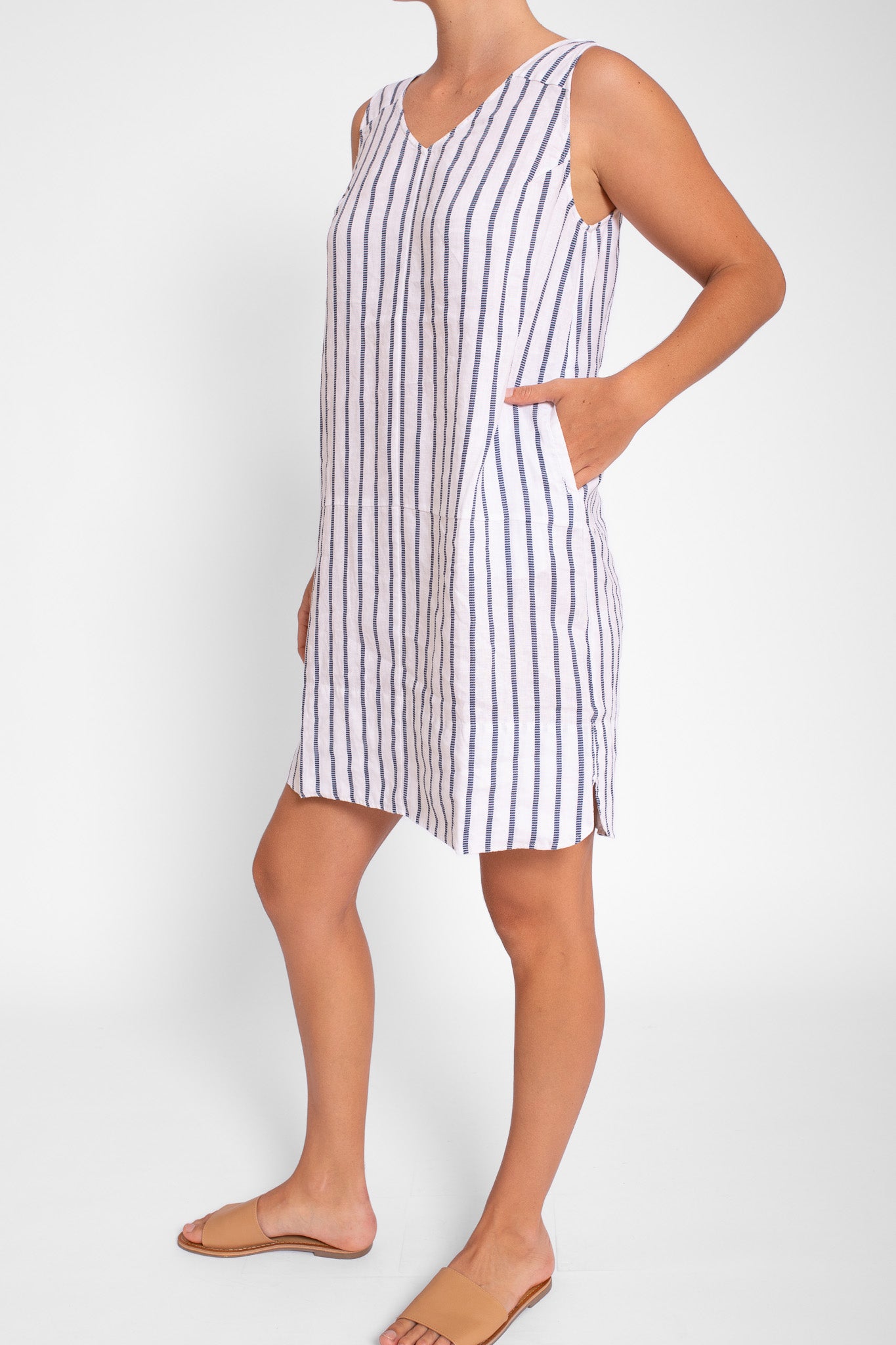 White with Navy Stitch Stripe Shift Dress