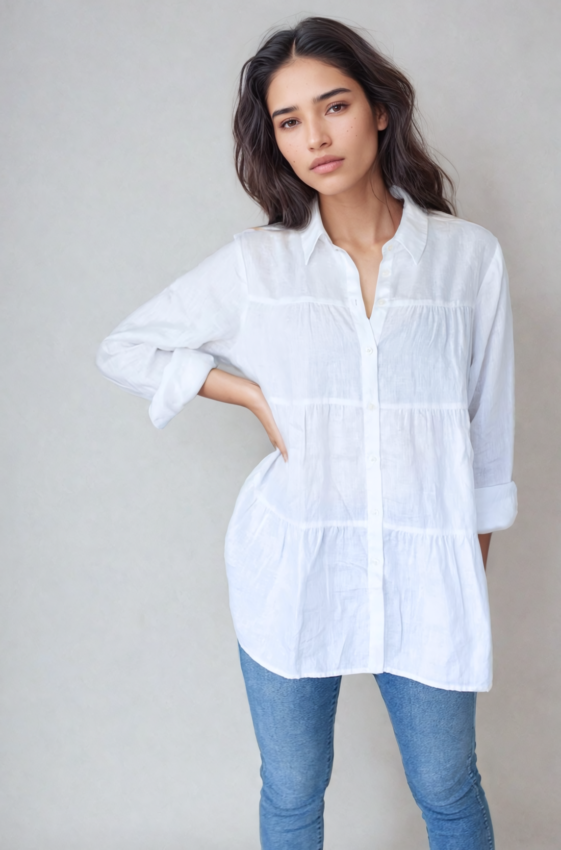 White Tiered Linen Shirt