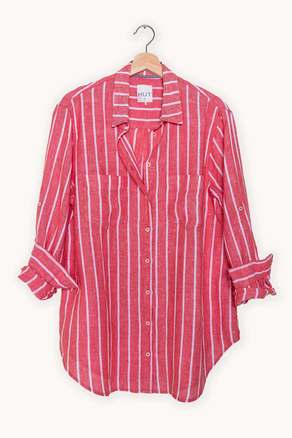 Red and White Chambray Stripe Boyfriend Linen Shirt