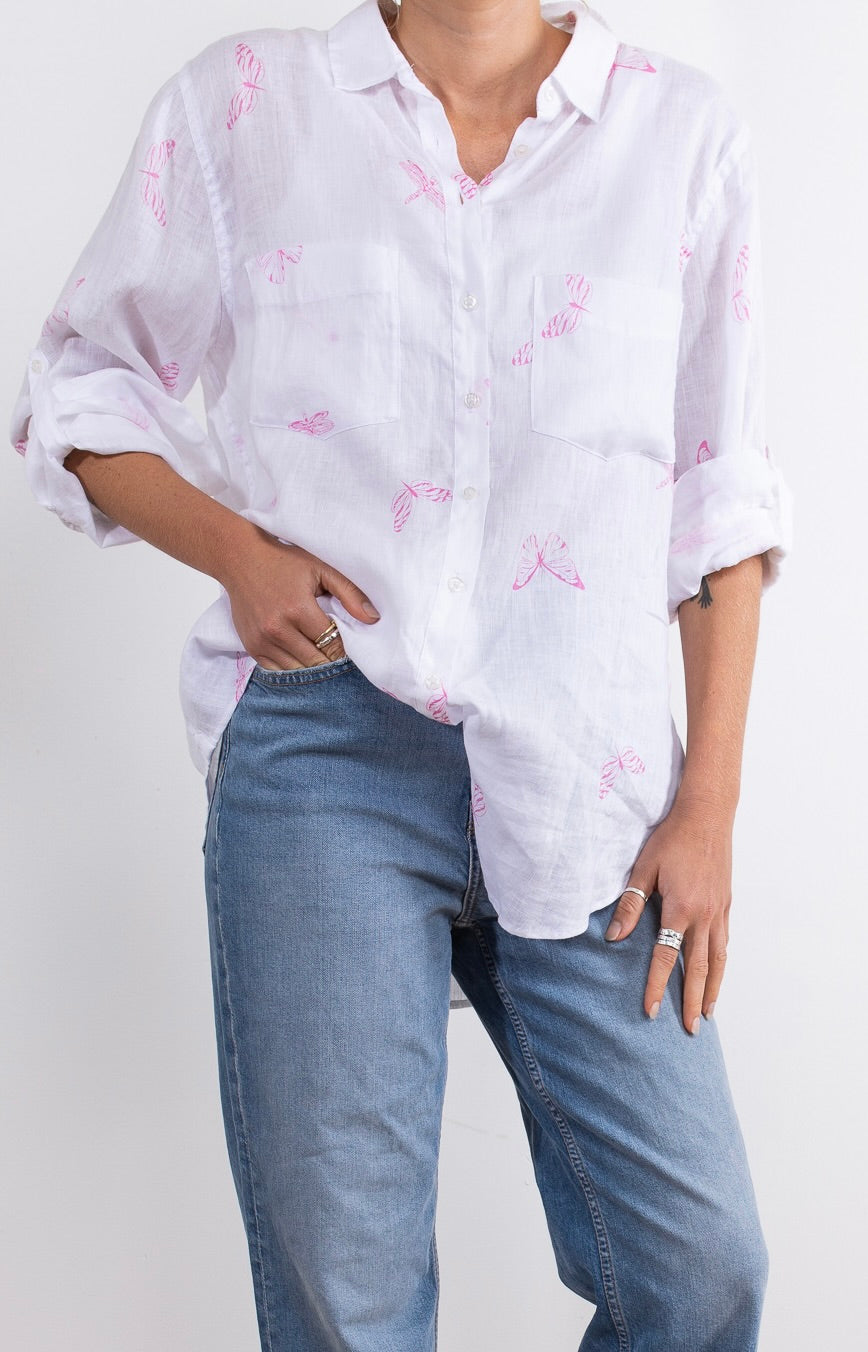 Pink Butterfly Print Boyfriend Linen Shirt