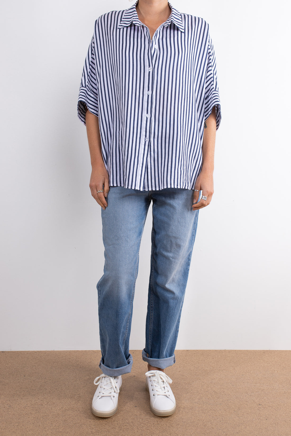 Navy White Stripe Boxy Linen Shirt