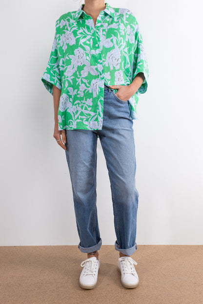 Green Floral Print Boxy Linen Shirt